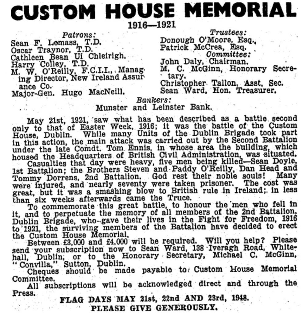 CH 1948 memorial notice-page-001 Burning of Dublin Custom House 1921
